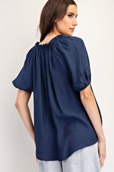 Navy Puff Sleeve Blouse