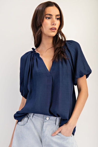 Navy Puff Sleeve Blouse