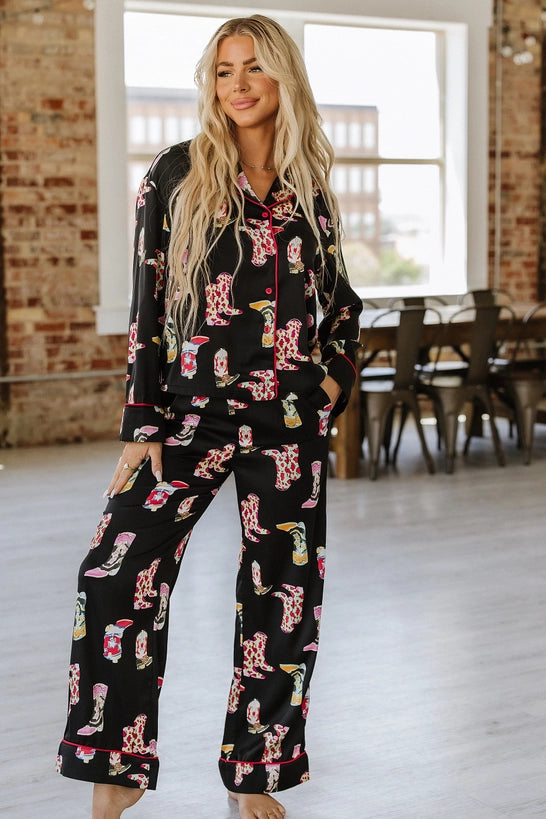 Cowboy Boot Print Satin Pajama Set