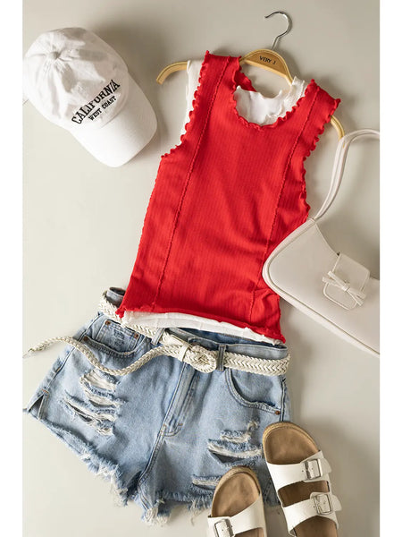 Red Lettuce Hem Tank