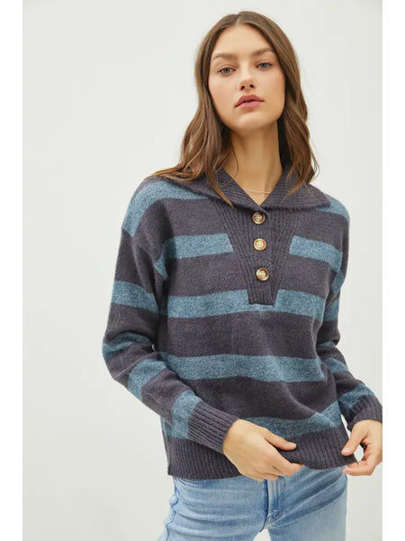 Quarter Button Striped Sweater