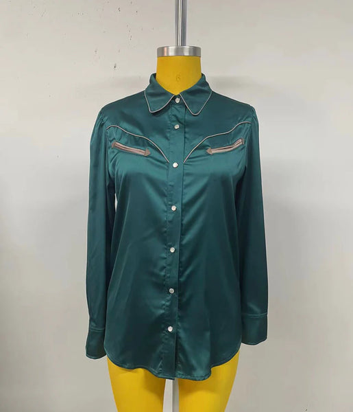 Teal Satin Western Shirt