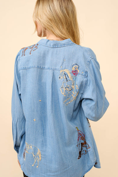 Western Denim Embroidered Cowgirl Blouse