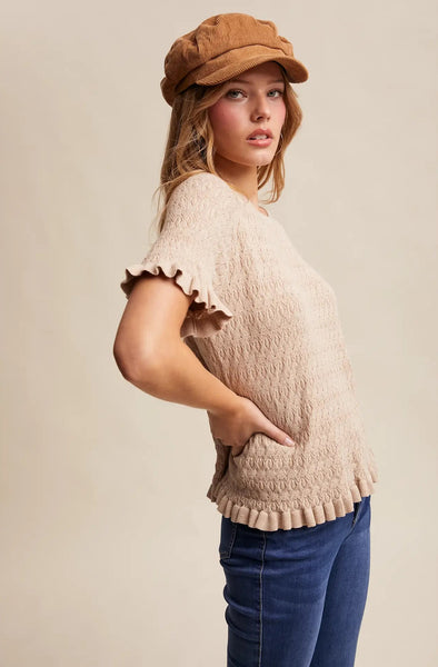 Gemini Oatmeal Ruffle Knit Top