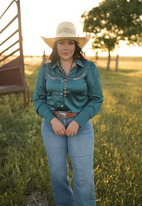 Teal Satin Western Shirt