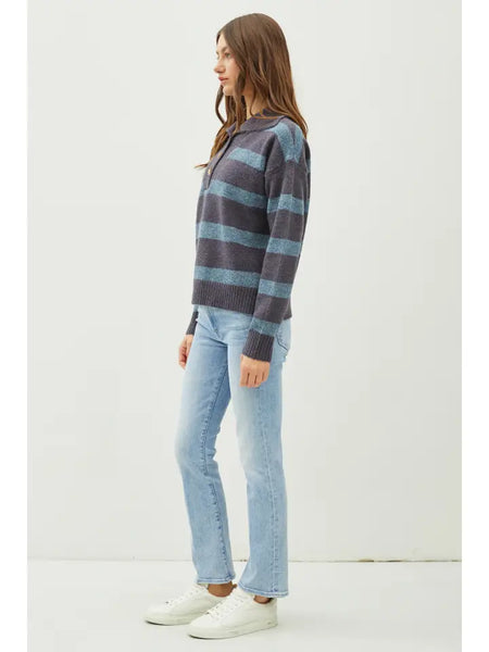 Quarter Button Striped Sweater