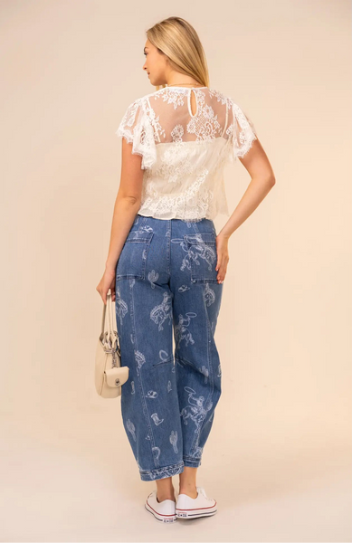 Western Print Barrel Jeans