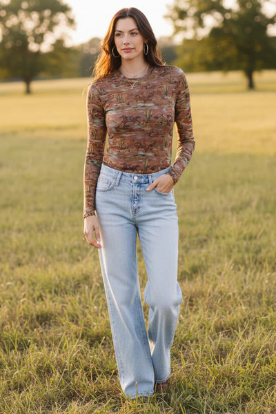 Codi Cowboy Print Mesh Top