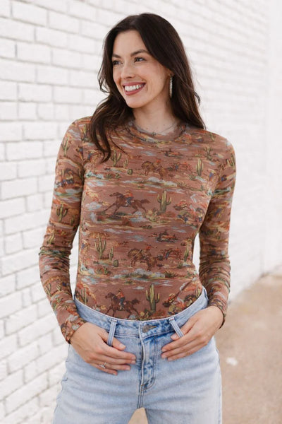 Codi Cowboy Print Mesh Top