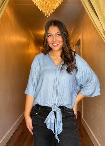 Dusty Blue Flowy Sleeve Blouse