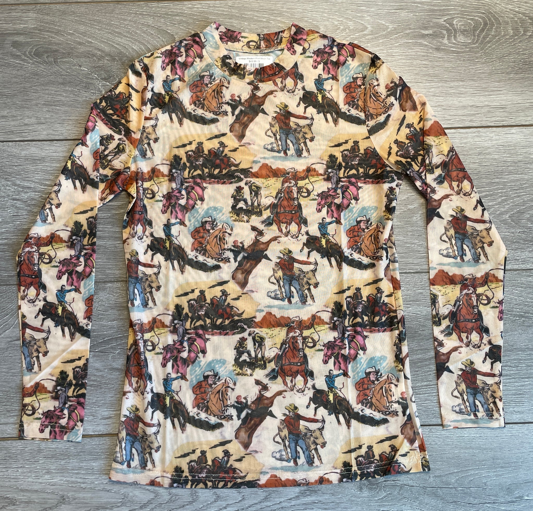 Vintage Western Print Mesh Top