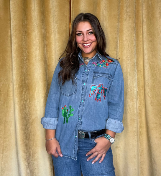 Denim Embroidered Shirt Turquoise Snaps
