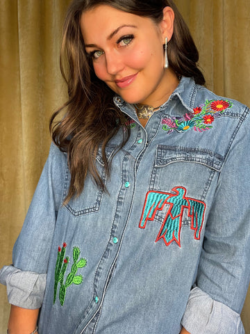 Denim Embroidered Shirt Turquoise Snaps