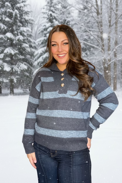 Quarter Button Striped Sweater