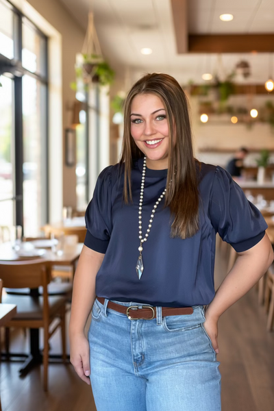 Navy Bubble Sleeve Top