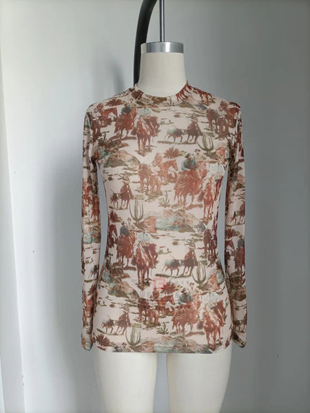 Vintage Cowboy Print Mesh Blouse