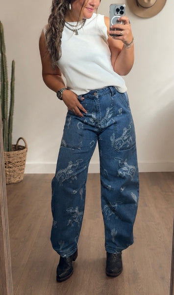Western Print Barrel Jeans