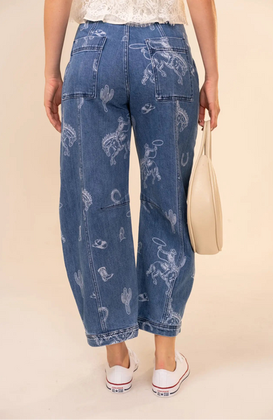 Western Print Barrel Jeans