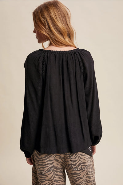 Black Braided Peasant Top