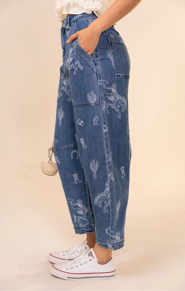 Western Print Barrel Jeans