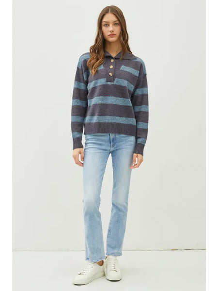 Quarter Button Striped Sweater