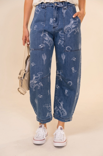 Western Print Barrel Jeans