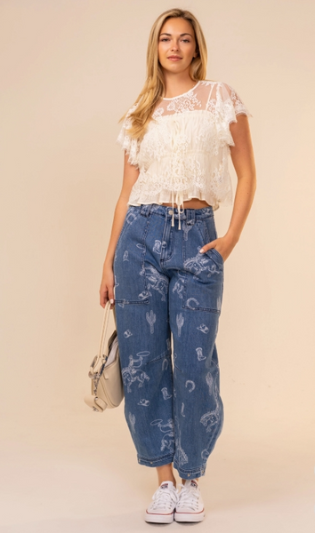 Western Print Barrel Jeans