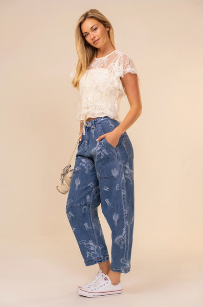 Western Print Barrel Jeans