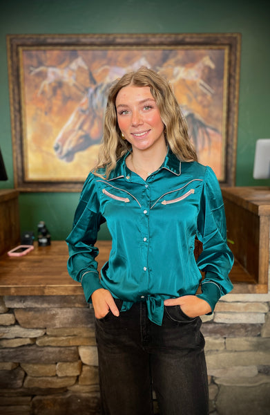 Teal Satin Western Shirt