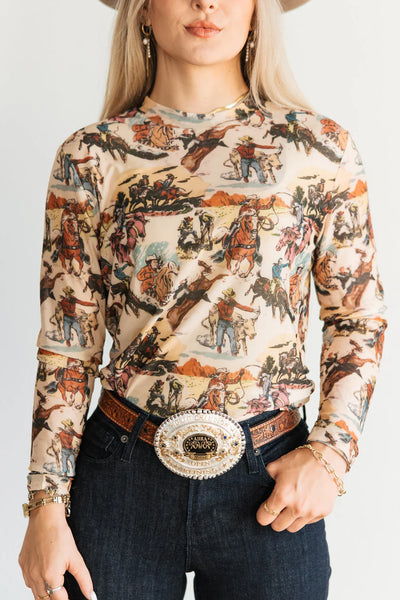 Vintage Style Western Print Mesh Top