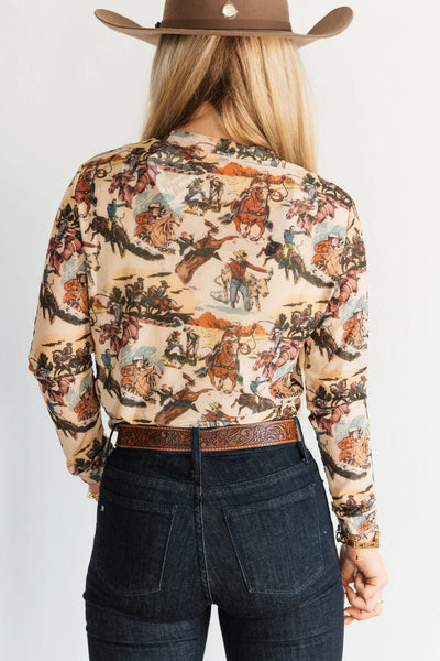Vintage Style Western Print Mesh Top