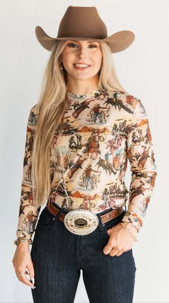 Vintage Style Western Print Mesh Top