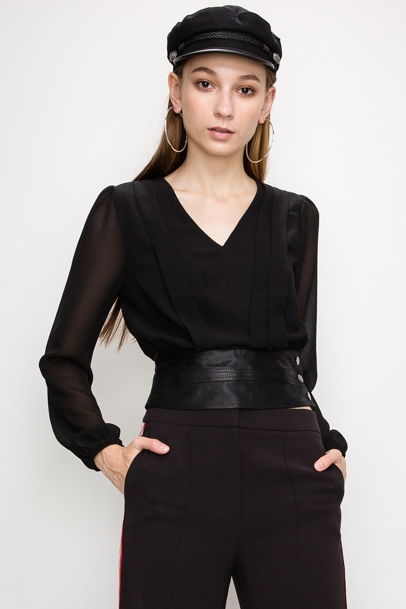 sheer blouse with faux leather waistband l