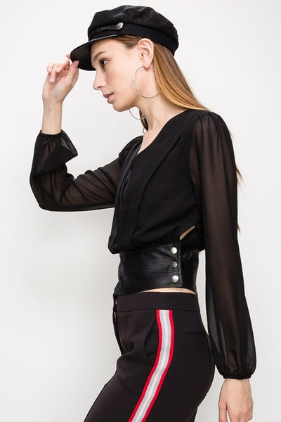 sheer blouse with faux leather waistband