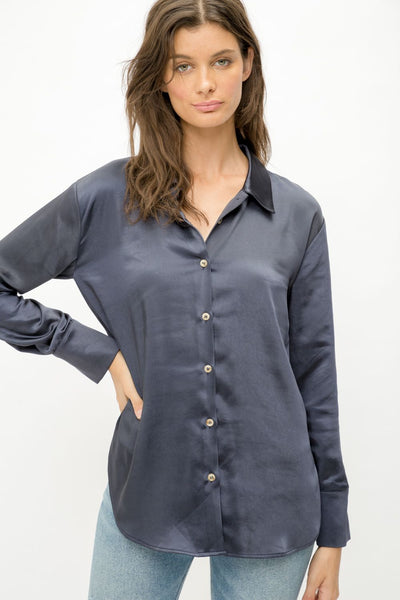 navy silky blouse
