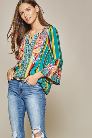turquoise serape embroidered blouse