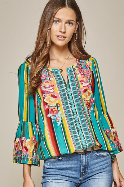 turquoise serape embroidered blouse