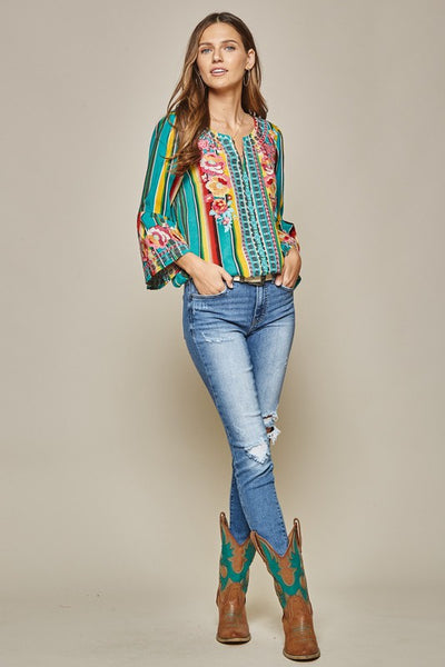 turquoise serape embroidered blouse