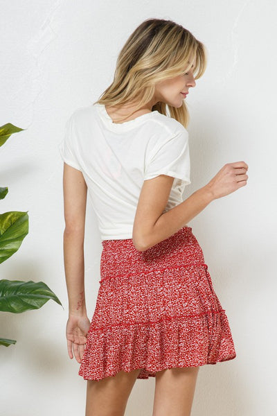 red smocked mini skirt