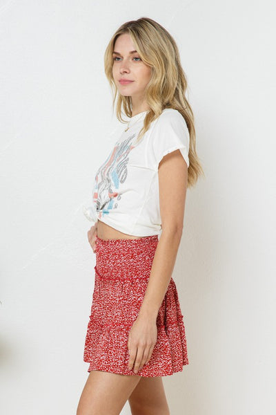 red smocked mini skirt