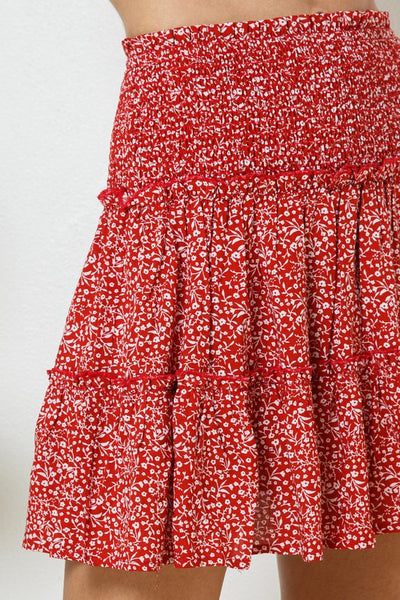 red smocked mini skirt