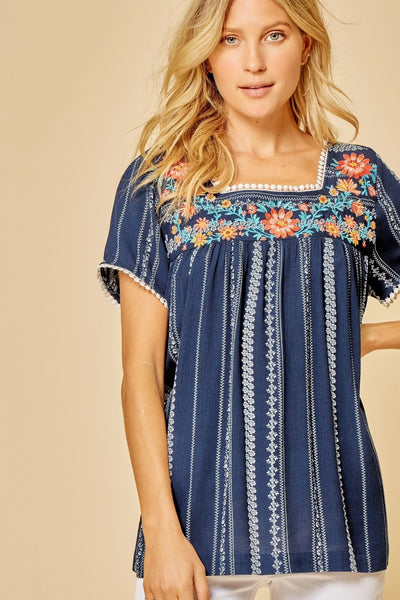 navy stripe embroidered top