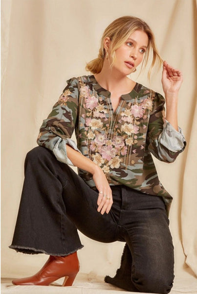tennie embroidered camo blouse