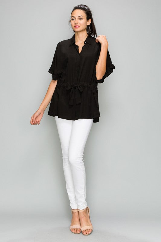 silky black drawstring blouse