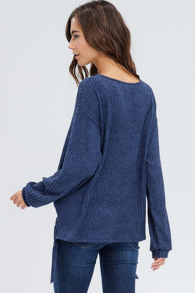 blue ribbed knit top
