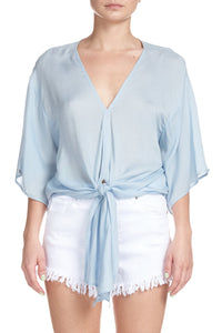 dusty blue flowy sleeve blouse