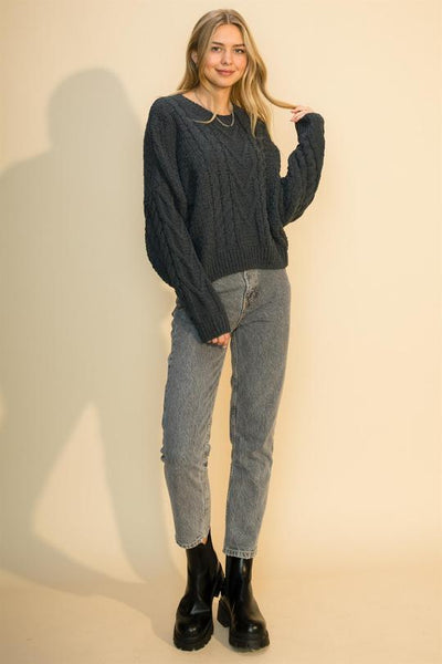 slate blue cable knit sweater