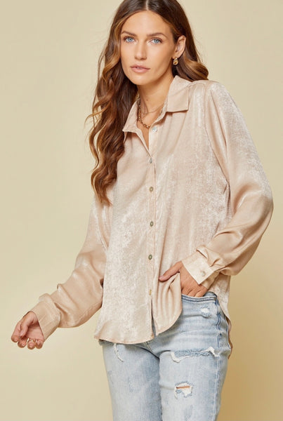 champagne shimmer button down blouse