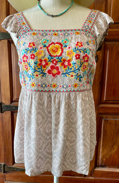 gracie gray floral embroidered blouse