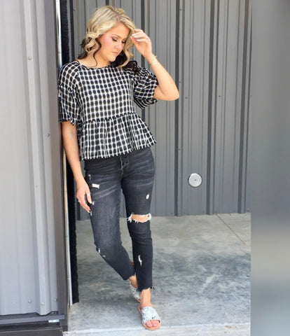 black & white checked peplum top